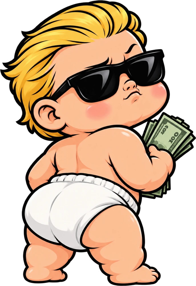 WallStreetBaby mascot seen from behind, holding a fan of cash and looking back over his shoulder