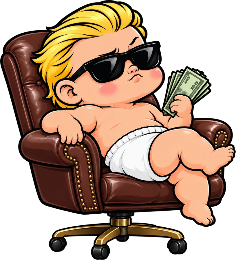 WallStreetBaby mascot lounging in a leather office chair, holding a fan of cash