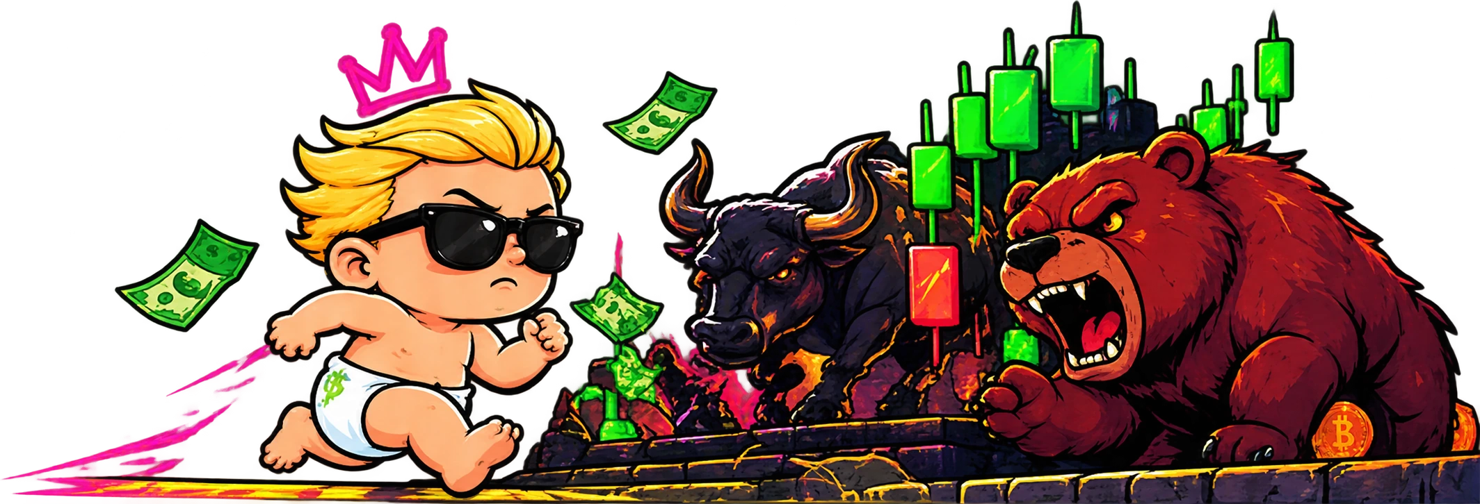 WallStreetBaby sprinting past a candlestick bull and bear