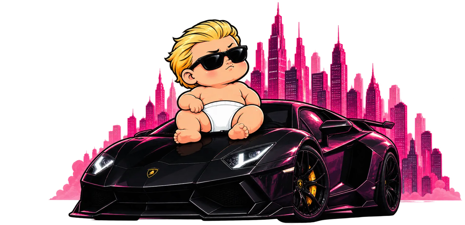The WallStreetBaby mascot sitting on a black supercar in front of a pink skyline