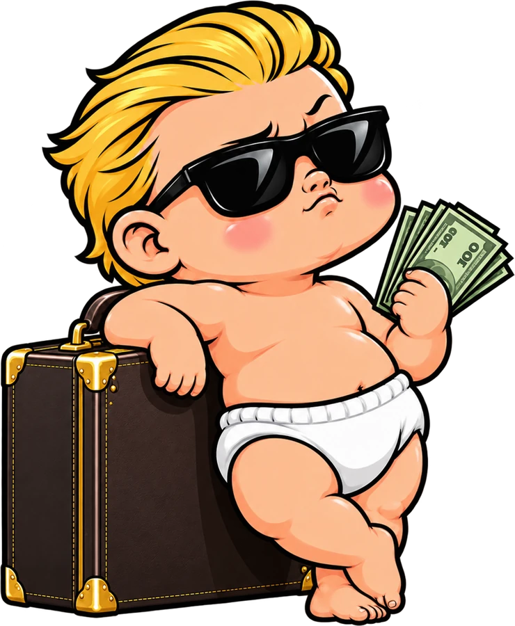 WallStreetBaby mascot leaning on a leather suitcase, holding a fan of cash